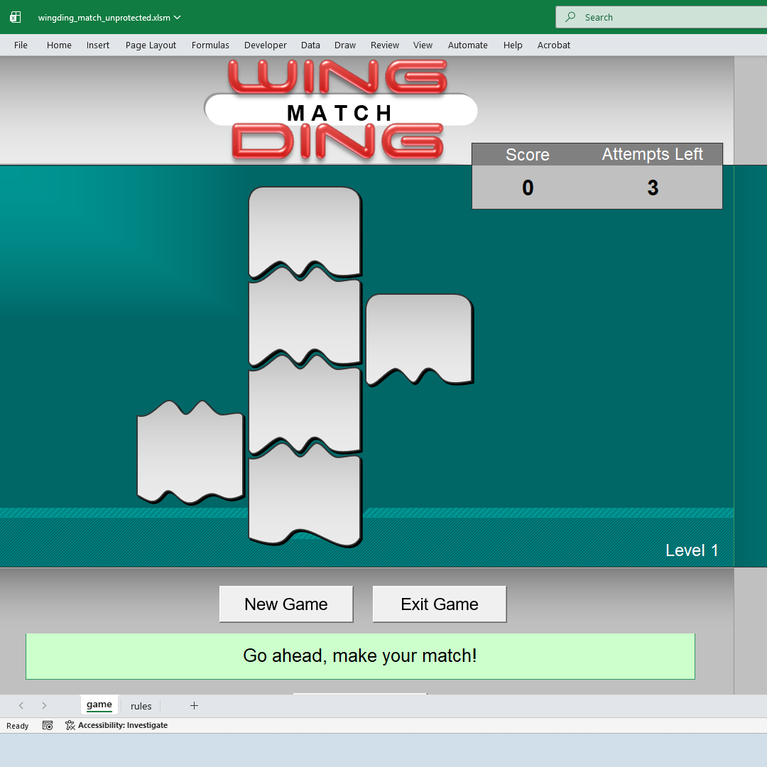 Wingding Match game for Excel - Level I | Techronology