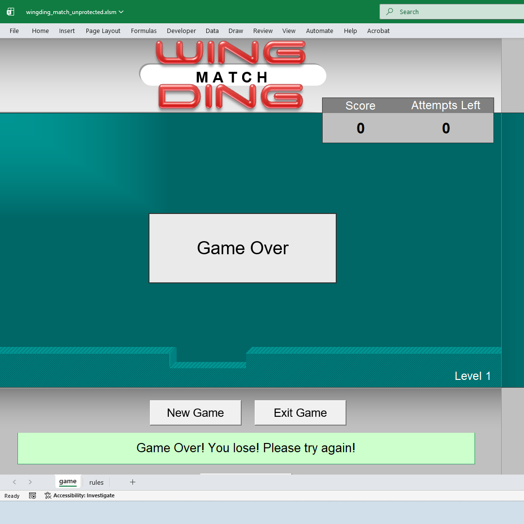 Wingding Match game for Excel | Techronology