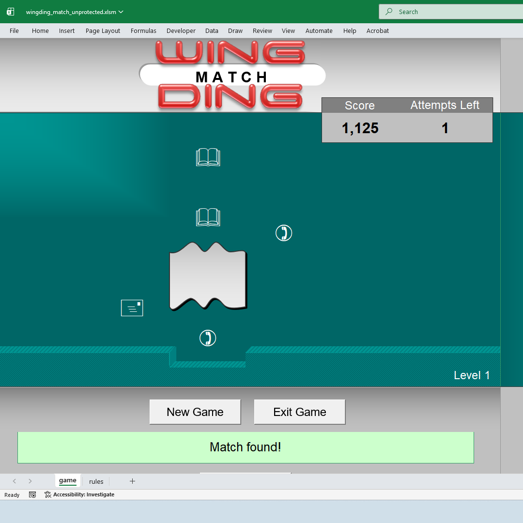 Wingding Match game for Excel - Level II | Techronology