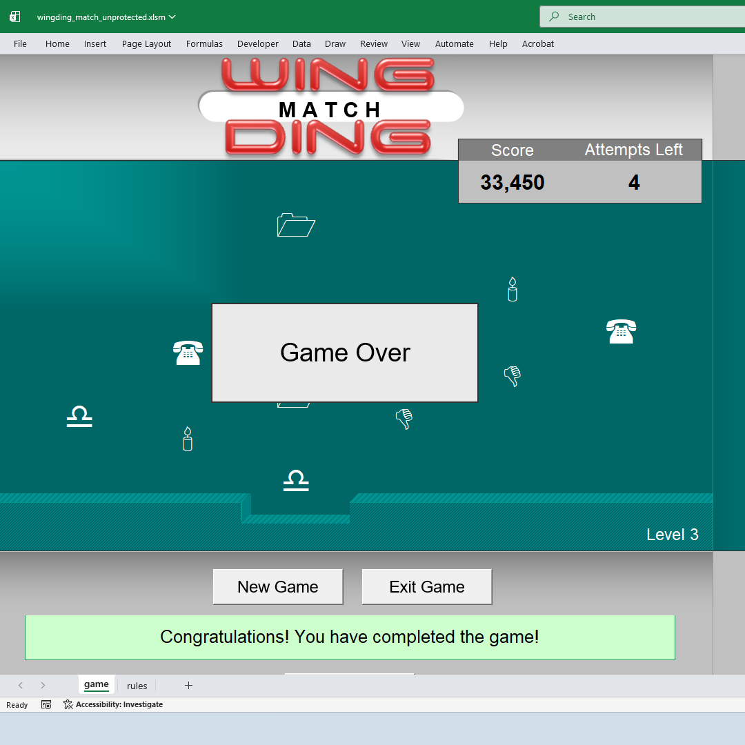 Wingding Match game for Excel - Level I | Techronology