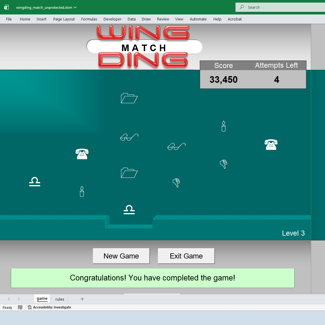 Wingding Match game for Excel - Level I | Techronology