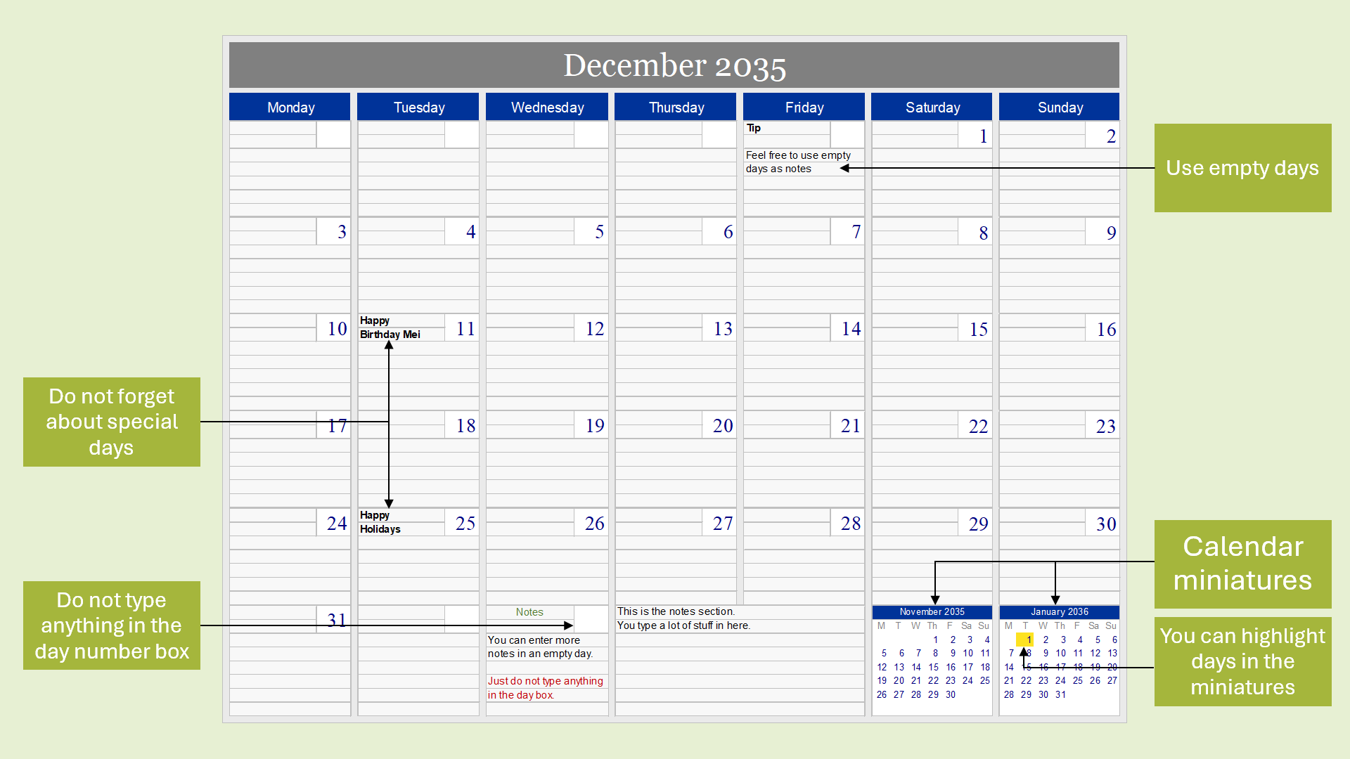 The Office Monthly Calendar is an Excel tool that allows you organize tasks, projects, and special days | Techronology