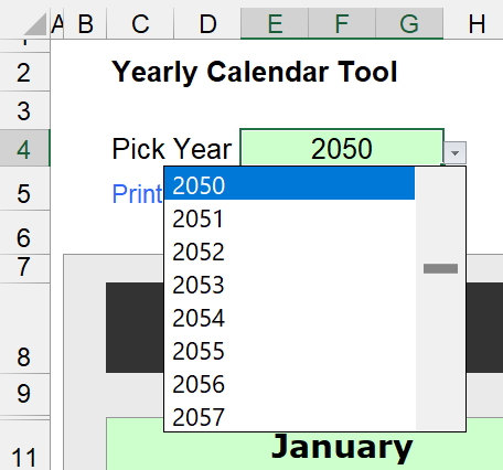 Dynamic Yearly Calendar - Yearly selector