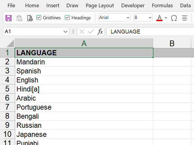 Languages - Excel data module