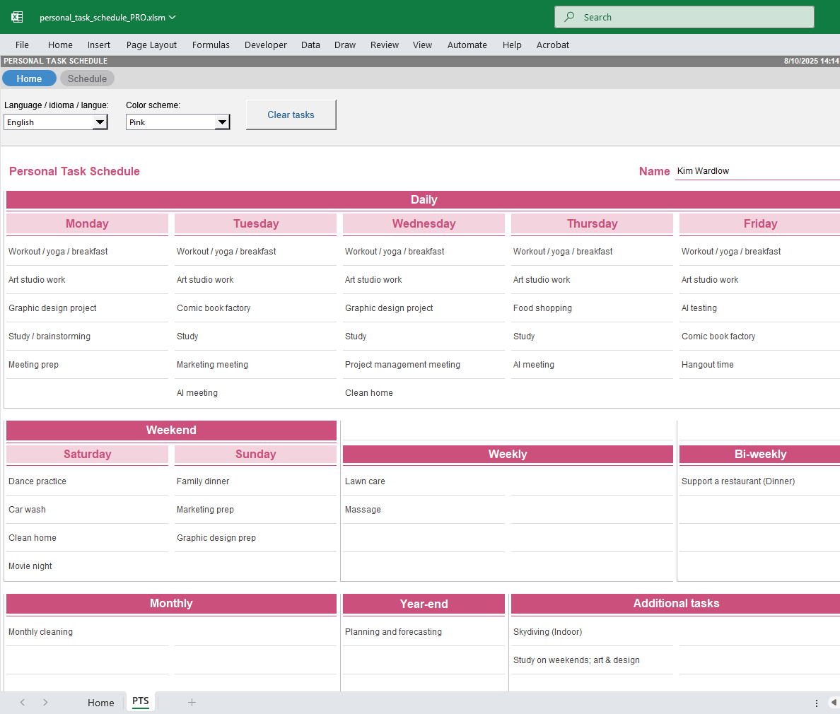 Personal Task Schedule for Excel - Techronology